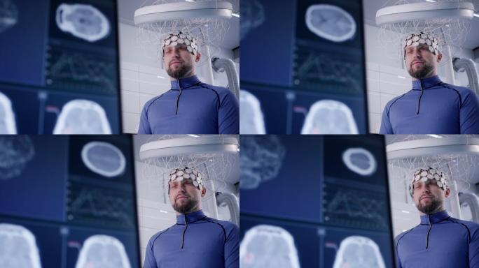 戴着脑波扫描传感器的男人。