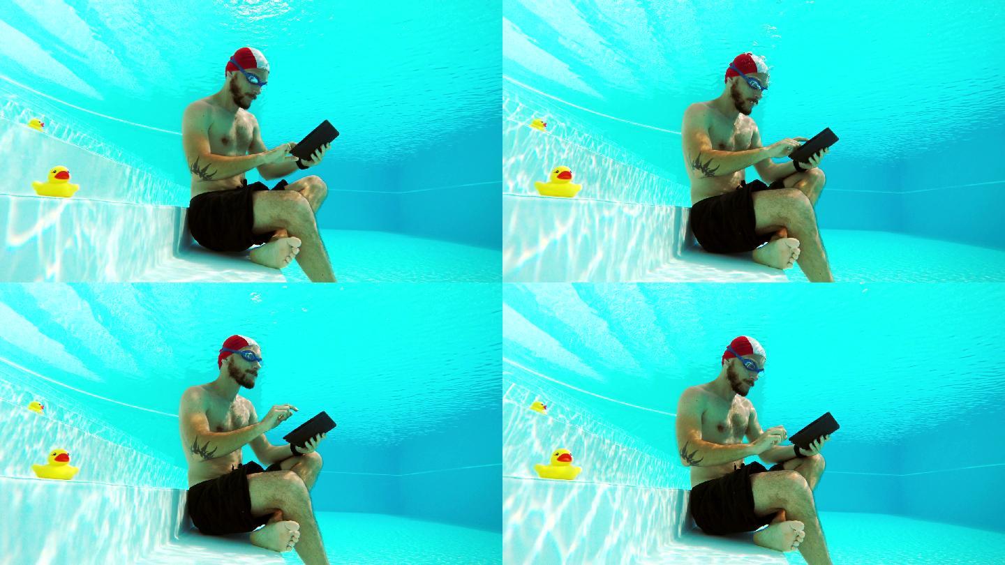 水下工作狂度假村游泳池社交媒体男性