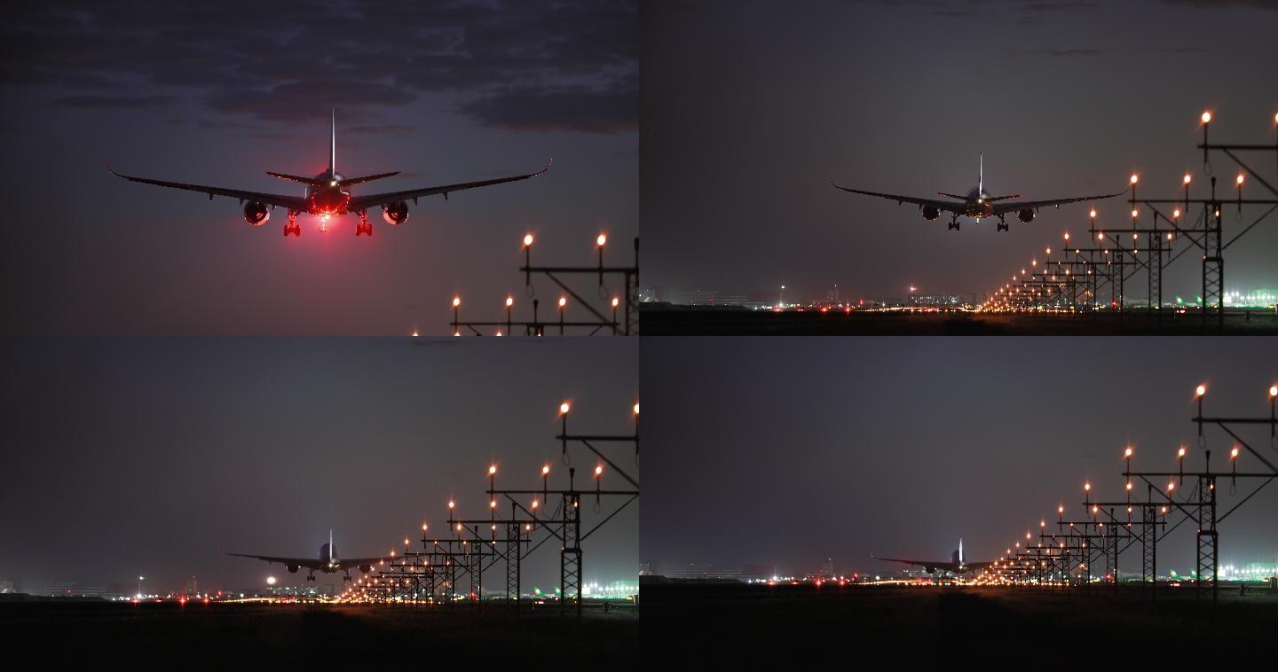 飞机着陆夜晚航班飞机降落机场跑道