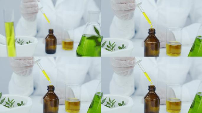在实验室从草药中获取精油。