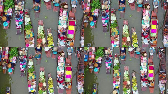 泰国水上市场鸟瞰俯视商品交易民俗风俗