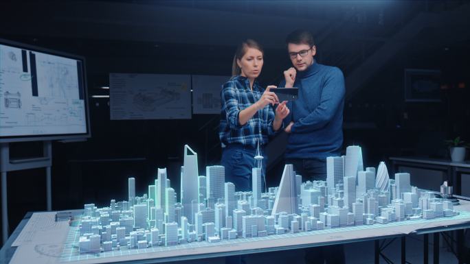 工程师在进行讨论国外外国模型楼盘城市智能