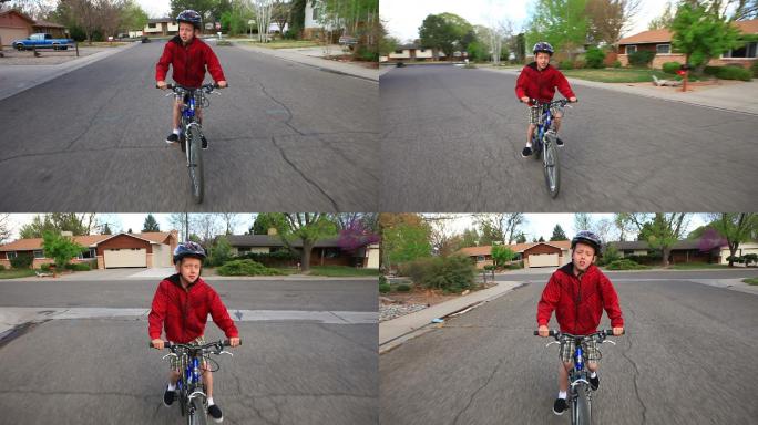 男孩骑自行车绿色出行自行车出行