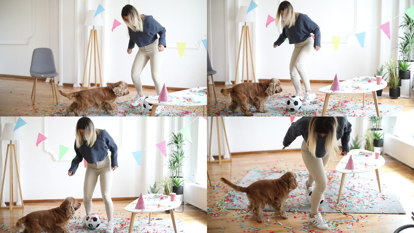女人和她的狗在家里庆祝生日