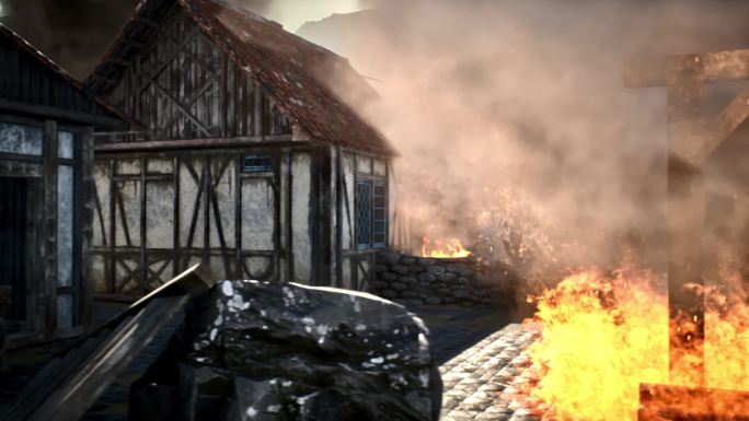 在中世纪村庄焚烧二战焚烧侵略
