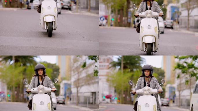 一名妇女骑着电动车穿越城市的4k视频片段