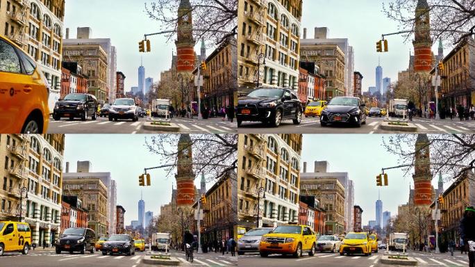 纽约街道风景低视角车流高峰时段