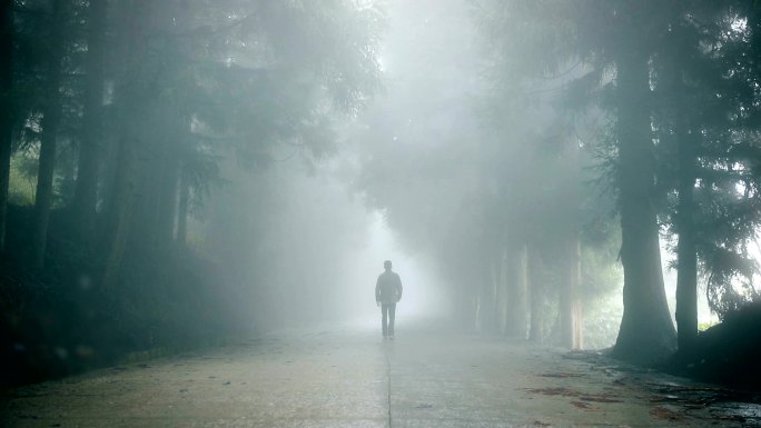 一个人独自走在雾蒙蒙的路上