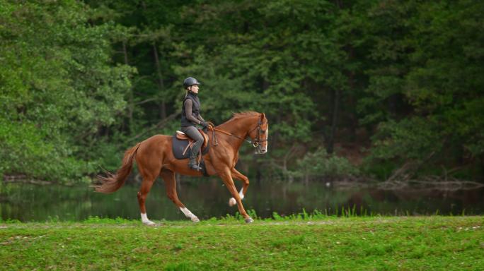 一个骑着马在湖边疾驰的女人