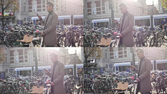 男子使用手机市区单车男人男子