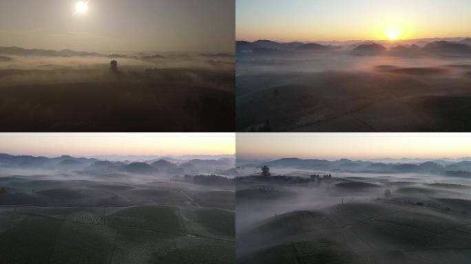 中国茶海航拍晨雾村庄