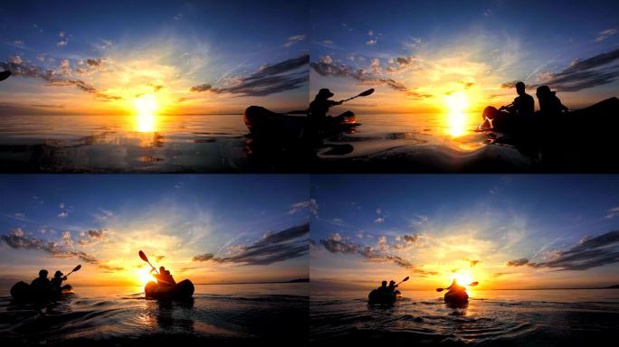 远景：日落中的家庭海上皮划艇