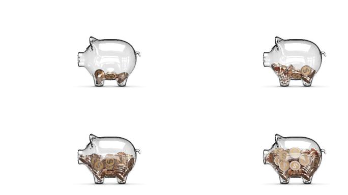 装满不断增长的硬币的玻璃小猪存钱罐。
