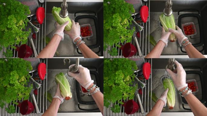 戴手套洗蔬菜