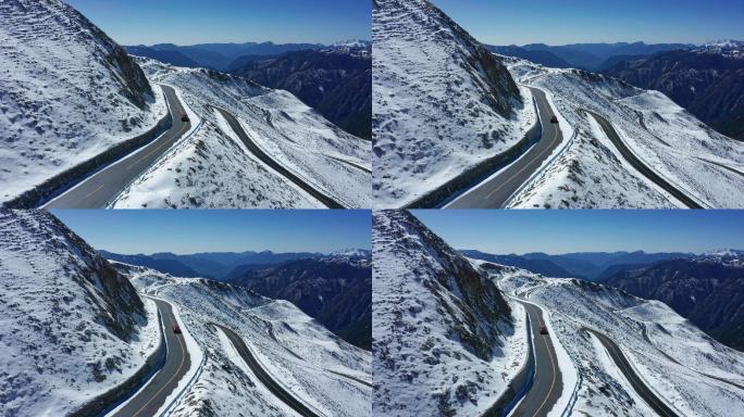 四川雅安夹金山雪山汽车行驶和航拍