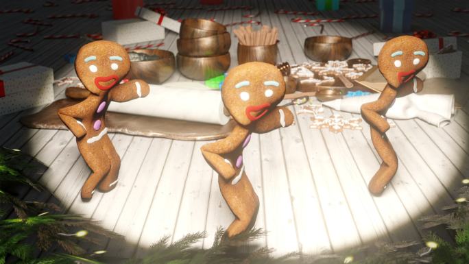 姜饼人在节日的圣诞桌中间跳舞