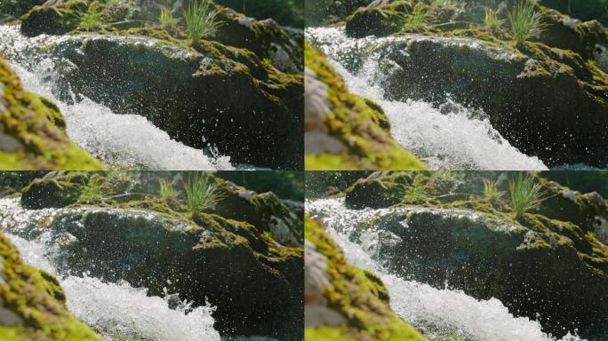 森林中的水流慢镜头慢动作山泉溪流水花四溅