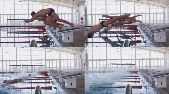 男性游泳运动员在游泳池的侧视图