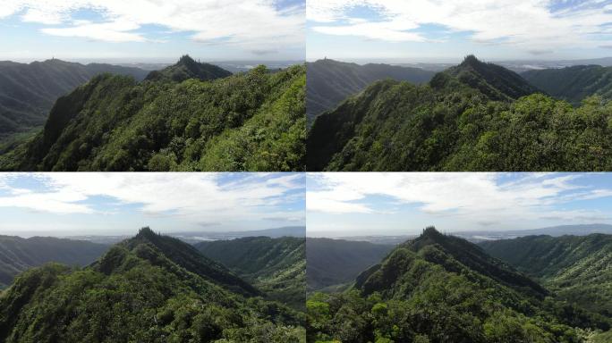 无人机俯瞰夏威夷的绿色山脉