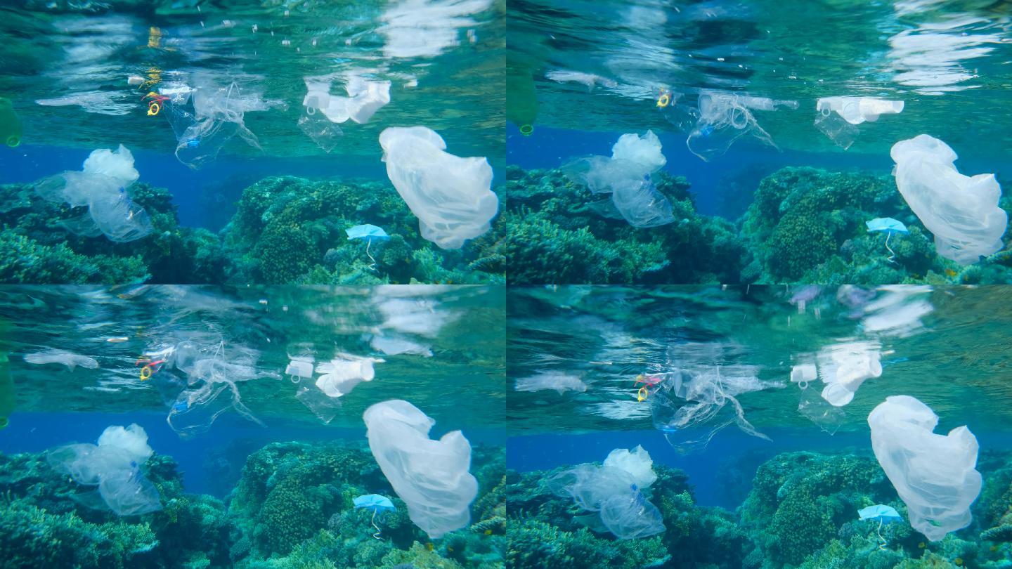 许多塑料和其他碎片慢慢地漂浮在水面下