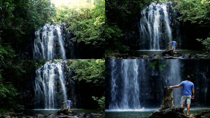 瀑布人瀑布山泉水原始森林