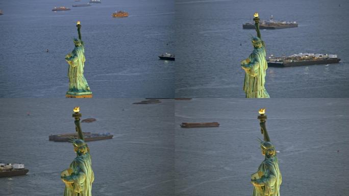 自由女神像美国标志建筑无人机视角航拍