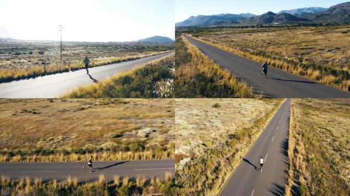 运动员在户外道路上奔跑的画面