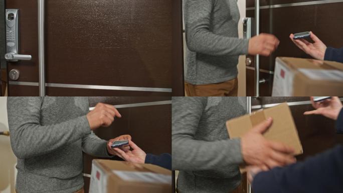 男子在信使的智能手机上签名