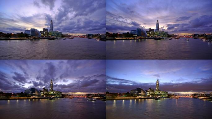 伦敦日落高清后堂。从塔桥到泰晤士河