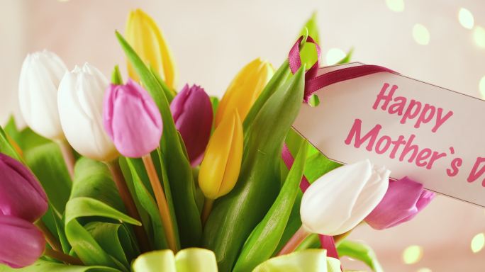郁金香花束和母亲节的贺卡