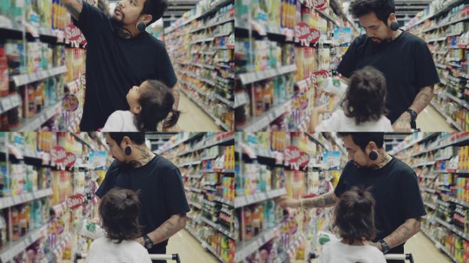 爸爸和小儿子在超市挑选食物