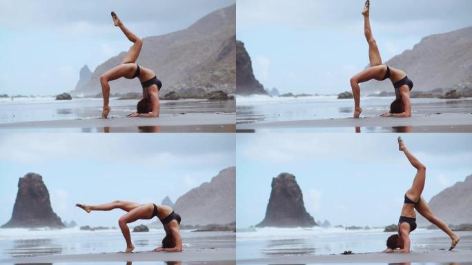 在海边做瑜珈的女孩