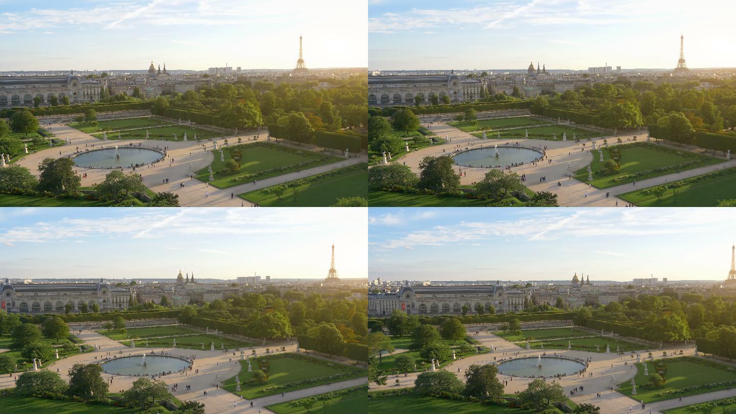 巴黎埃菲尔铁塔环境绿化景色风光夕阳黄昏