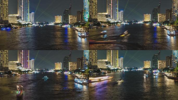 鸟瞰曼谷夜晚湄南河繁忙的交通船只