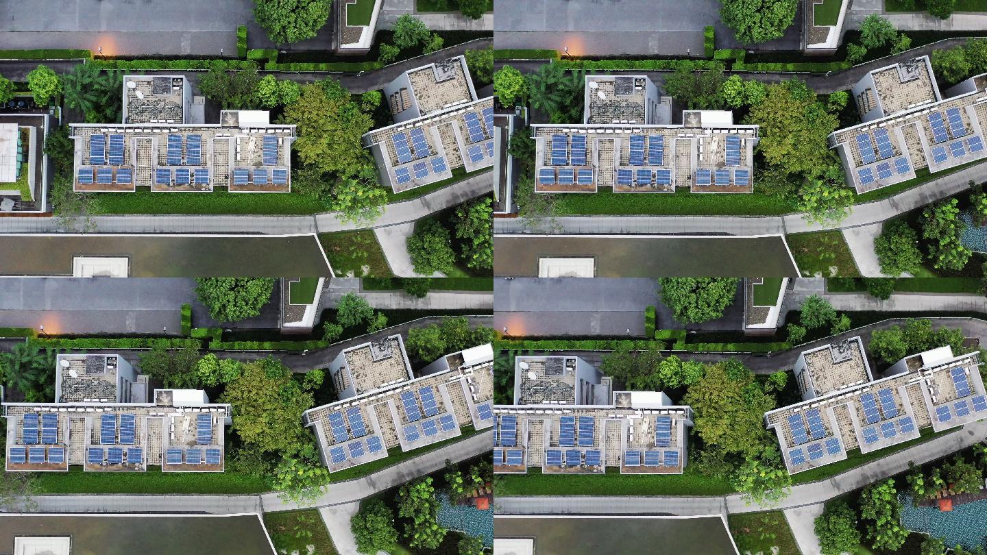 太阳能电池建筑鸟瞰图。可再生能源概念