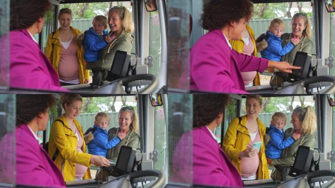 一家人坐公共汽车孕妇出行旅行周末时光