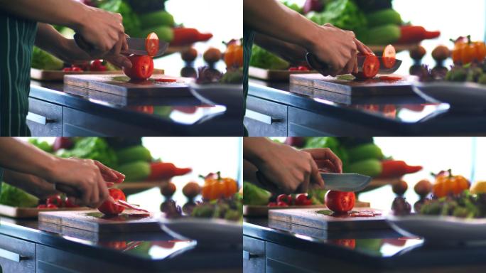 准备蔬菜：切番茄厨师制作美食食材饭店餐厅