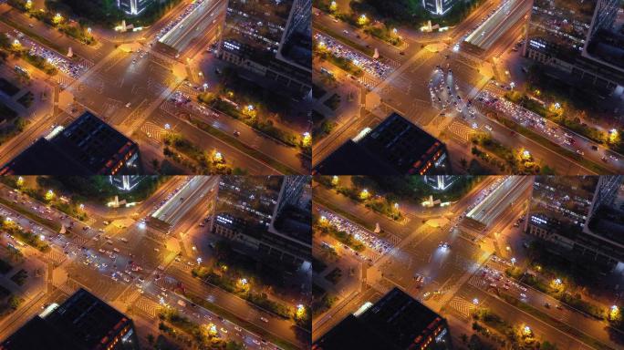 城市十字路口繁忙的车流夜景