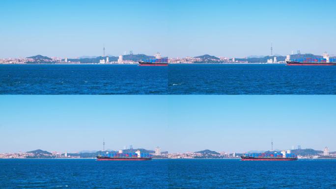 青岛胶州湾海面集装箱货轮货船进出港口