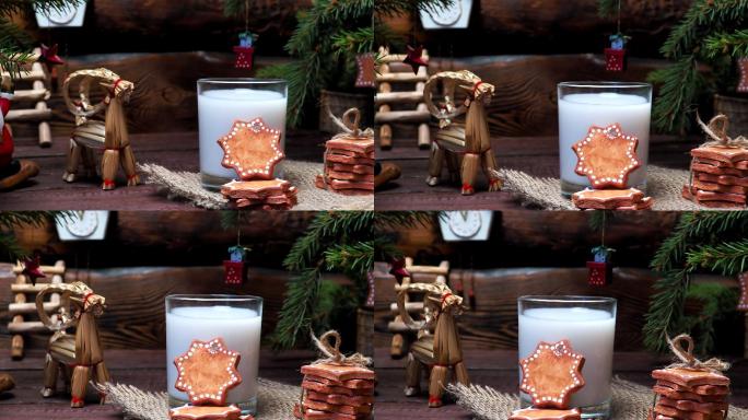 圣诞老人的牛奶和饼干放在圣诞装饰的木墙上