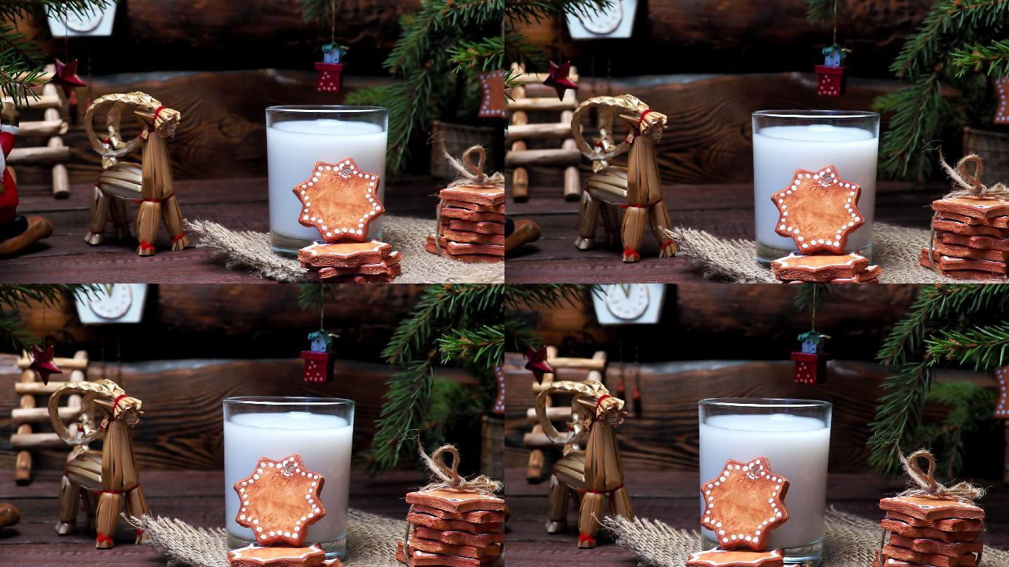 圣诞老人的牛奶和饼干放在圣诞装饰的木墙上