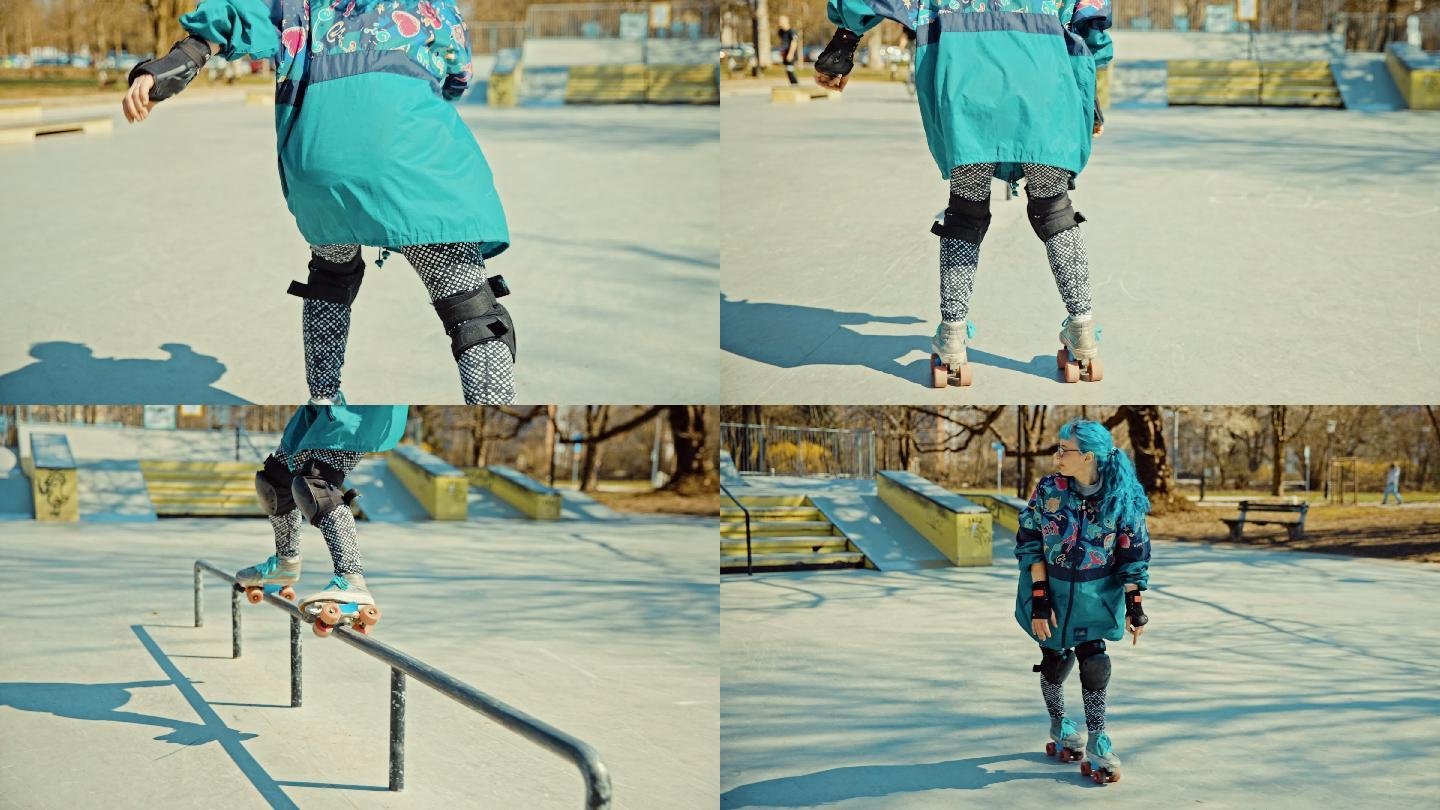 滑冰公园里年轻女子在金属杆上滑冰的慢动作