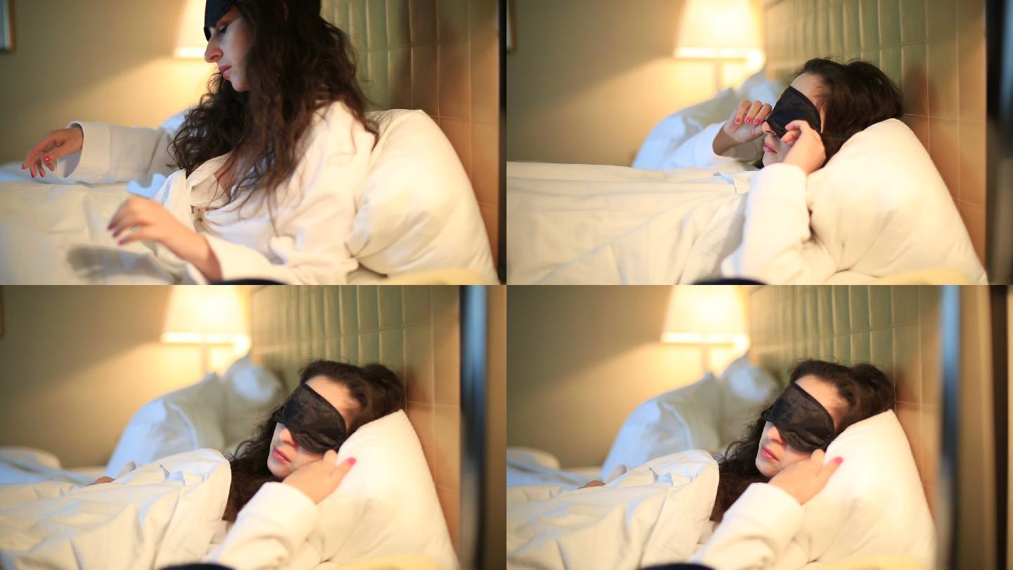 准备睡觉的女人就寝枕头视频素材护眼罩入眠