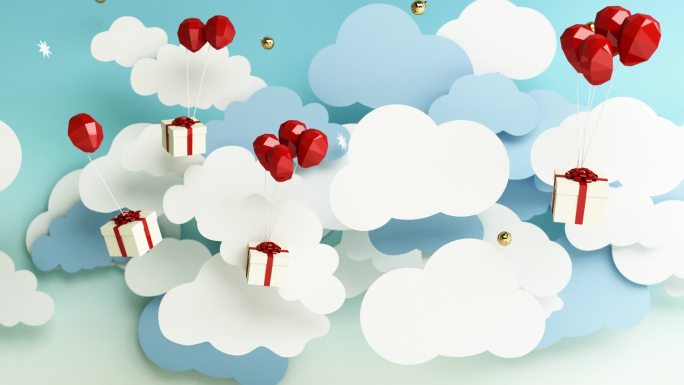 白色礼品盒和红色气球一起从天空飘落