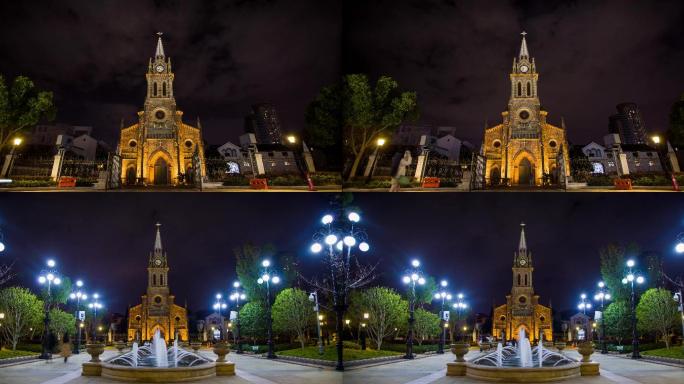 实拍4K宁波天主教堂夜景延时摄影