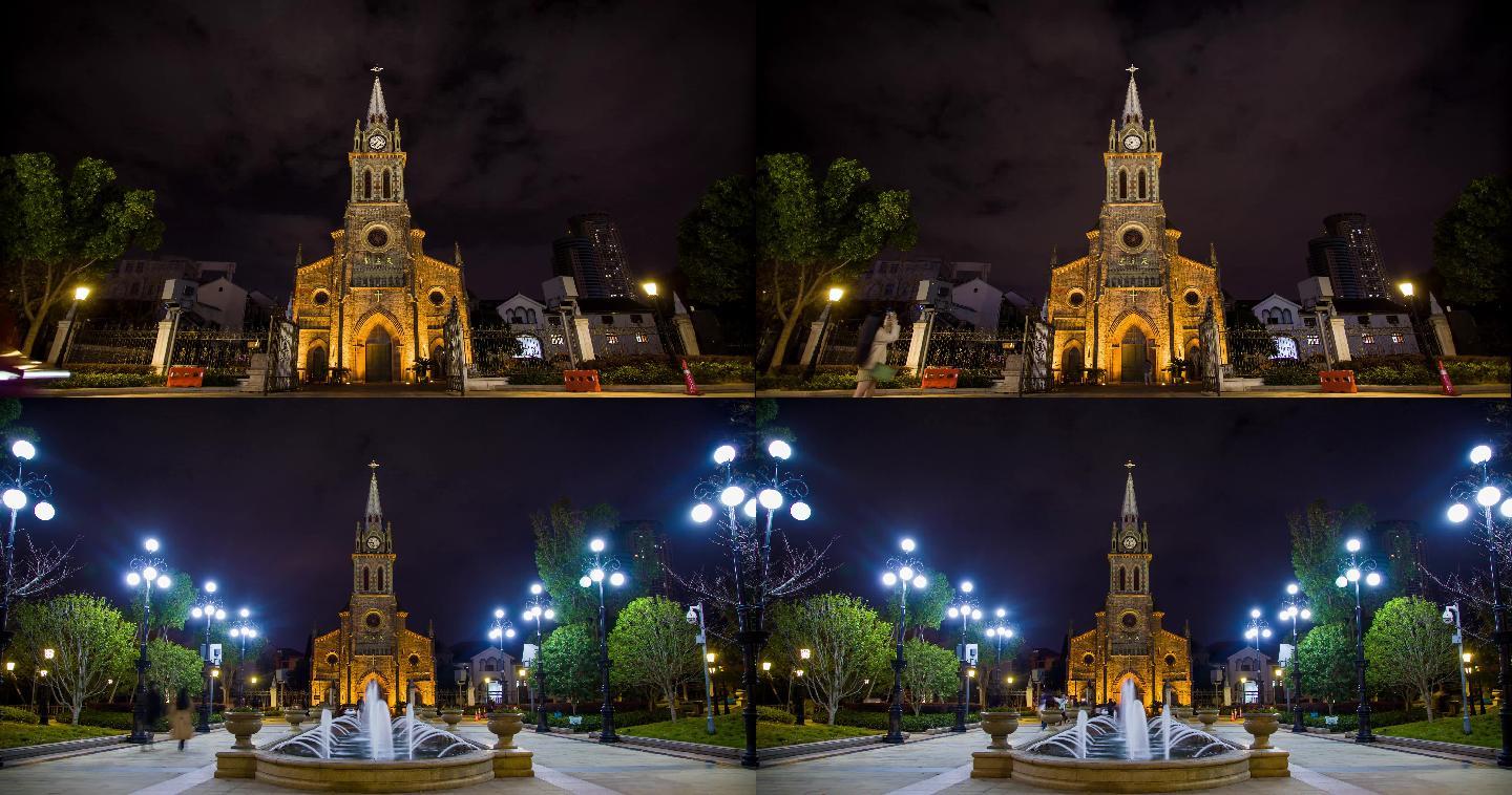 实拍4K宁波天主教堂夜景延时摄影
