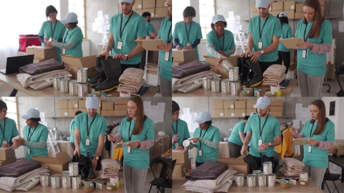 不同志愿者在慈善食品银行打包捐款箱