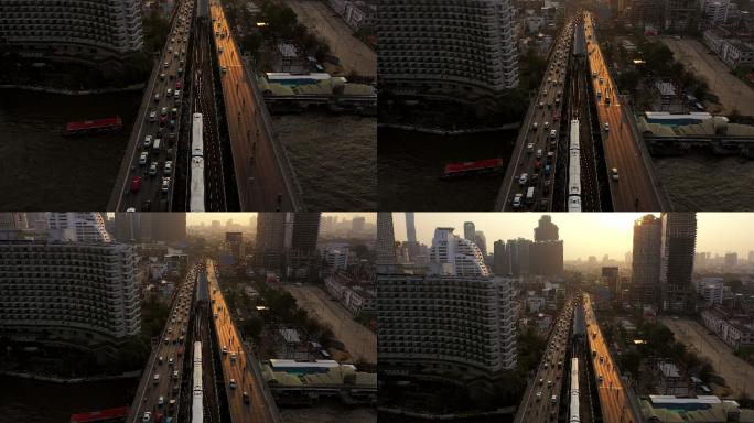 日落时曼谷鸟瞰图车流量上下班高峰期马路延
