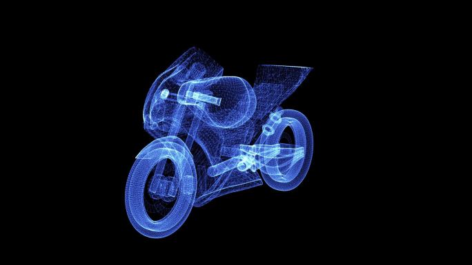 摩托车全息图三维动画摩托车蓝色线条粒子旋