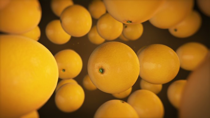 橙色新鲜水果动画3D渲染慢动作。